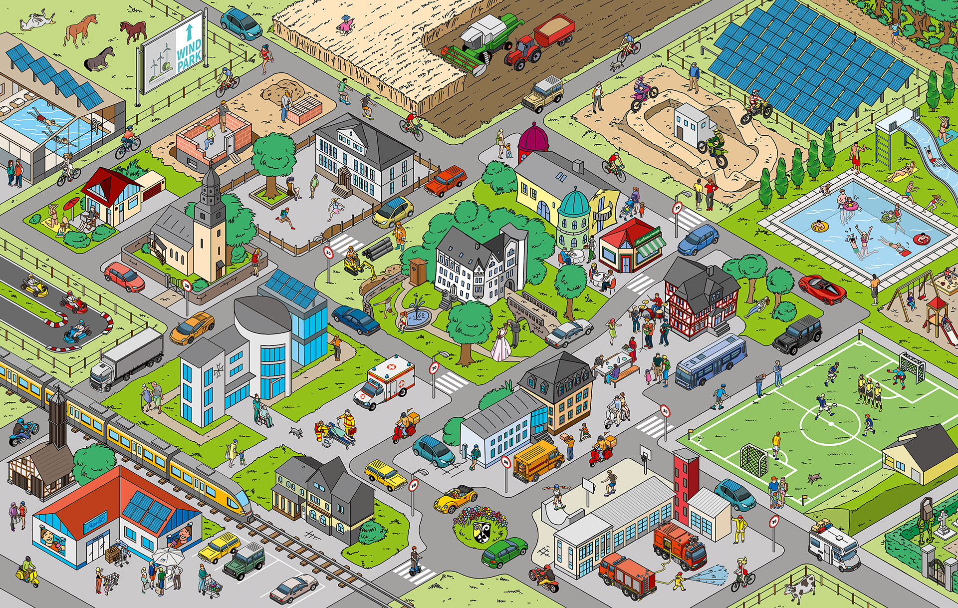 Wimmelbild-Illustration der Ortsteile Buseck